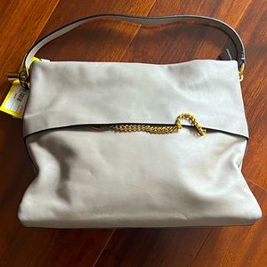 Gray KAREN MILLEN 100% Classic Calf Leather Gold Hardware Shoulder Bag NWT